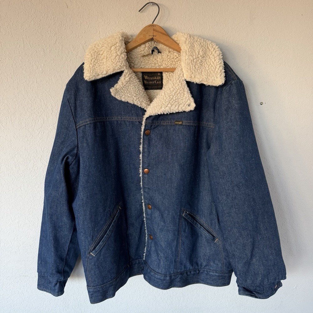 Vtg 70s Wrangler Wrange Coat Denim Jean Jacket‎ Mens XLarge Sherpa Lined Rancher